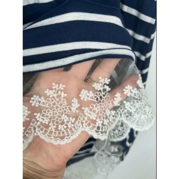 Loila Navy Blue White Striped Roll Tab Sleeve Crew Neck Lace Hem Dress M - Picture 7 of 12